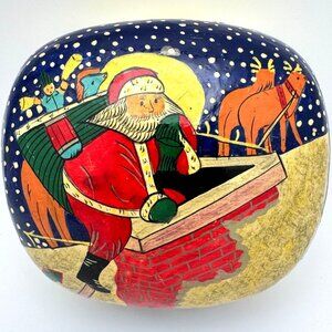 Hand-Painted Vtg Wood Christmas Trinket Box Santa Reindeer Holiday Decor 3.25"